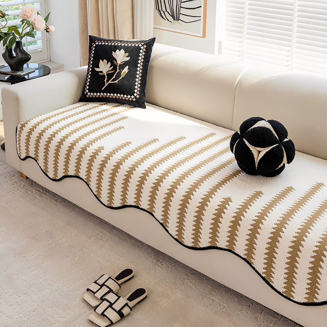 Pet friendly, washable chevron chenille furniture protector for diverse couch styles