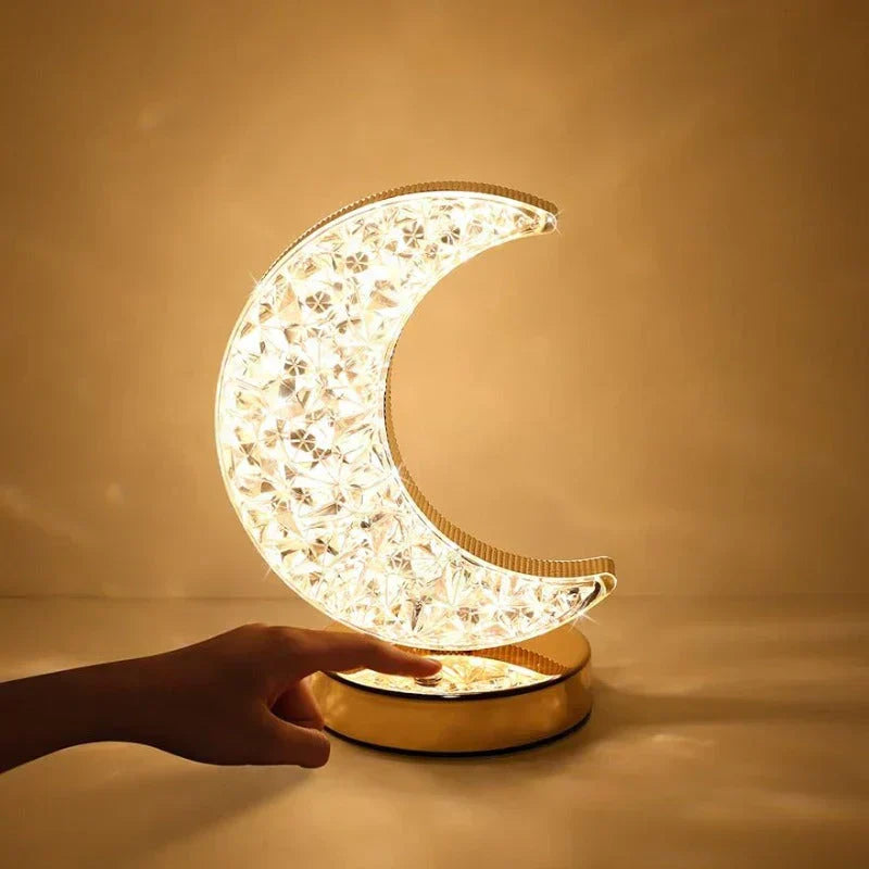 Elegant crystal touch dimming table lamp for ambient bedroom lighting. Decorative LED night light with mood control.