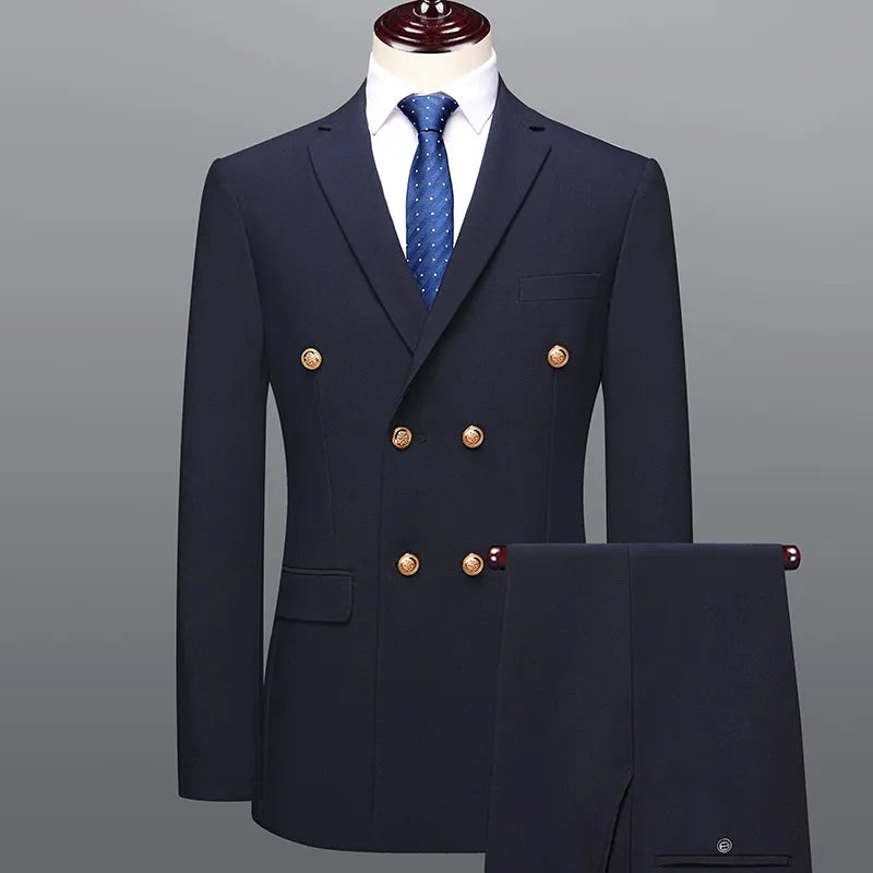 Elegant dark blue men's slim-fit double-breasted suit for weddings & formal occasions.