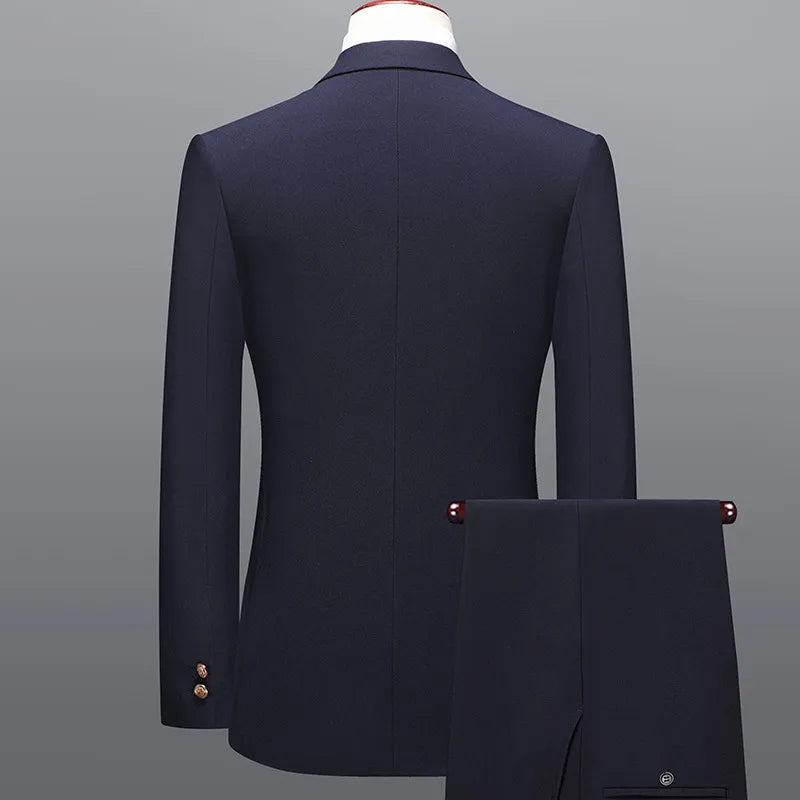 Sophisticated dark blue men's two-piece double-breasted suit, perfect for business and elegant events.