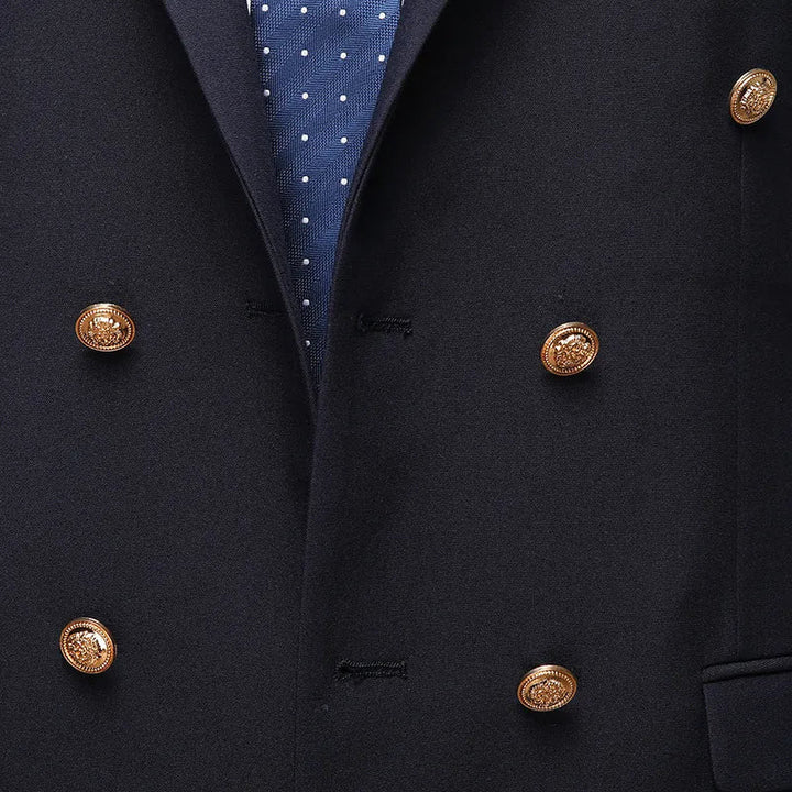 Stylish men's formal double-breasted suit in dark blue, ideal for weddings & special occasion wear.