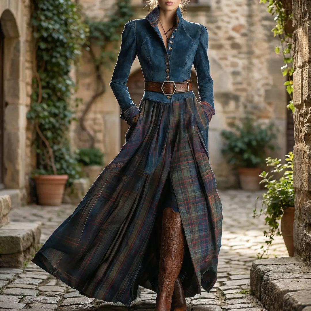Elegant dark blue plaid maxi dress for women with a flowing skirt, long sleeves, and a stand collar. Perfect for fall.