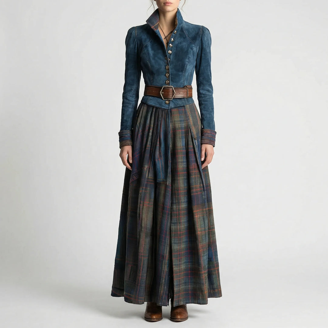 Women's bohemian vintage plaid maxi dress with an elegant fit, long sleeves, and a modest flowing skirt for winter.