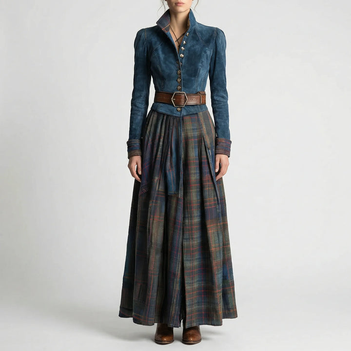 Women's bohemian vintage plaid maxi dress with an elegant fit, long sleeves, and a modest flowing skirt for winter.