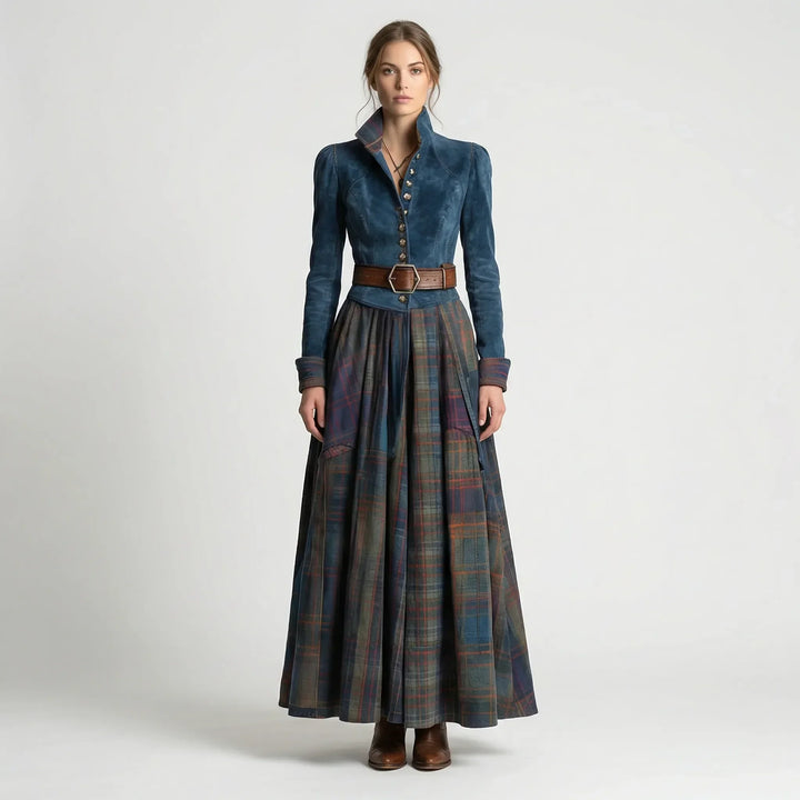 Stylish women's dark blue plaid maxi dress with a flowing skirt, long sleeves, and an elegant design for occasion wear.