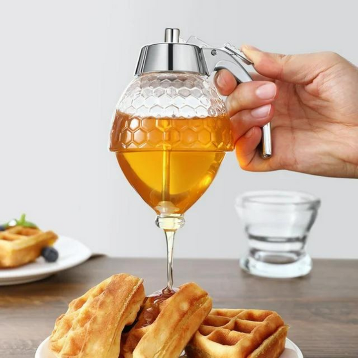 Elegant drip-free honey dispenser for easy, mess-free serving of honey & syrup. Perfect for kitchen use.