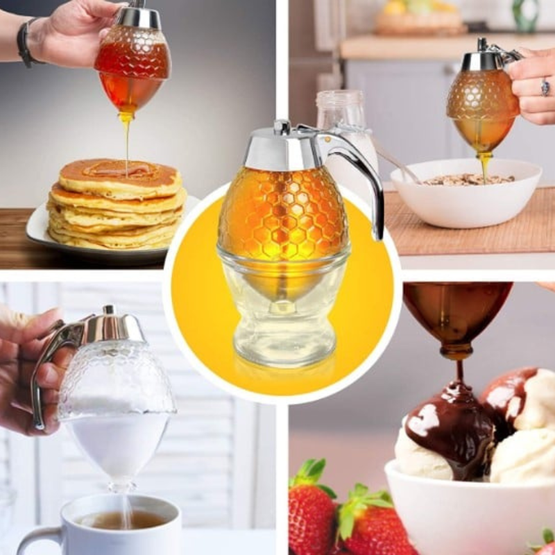 Handy drip-free honey & syrup dispenser, perfect for drizzling over breakfast without any sticky drips.