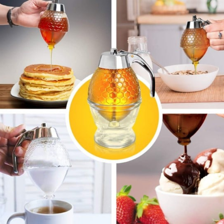Handy drip-free honey & syrup dispenser, perfect for drizzling over breakfast without any sticky drips.