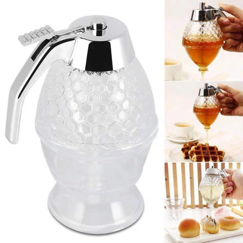 Efficient transparent honey dispenser, drip-free design for neat serving of honey, syrup & sauces in your home.