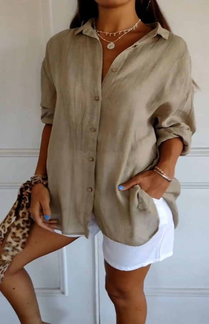 Women's versatile chic blouse, an elegant everyday long sleeve top for timeless wardrobe essential.