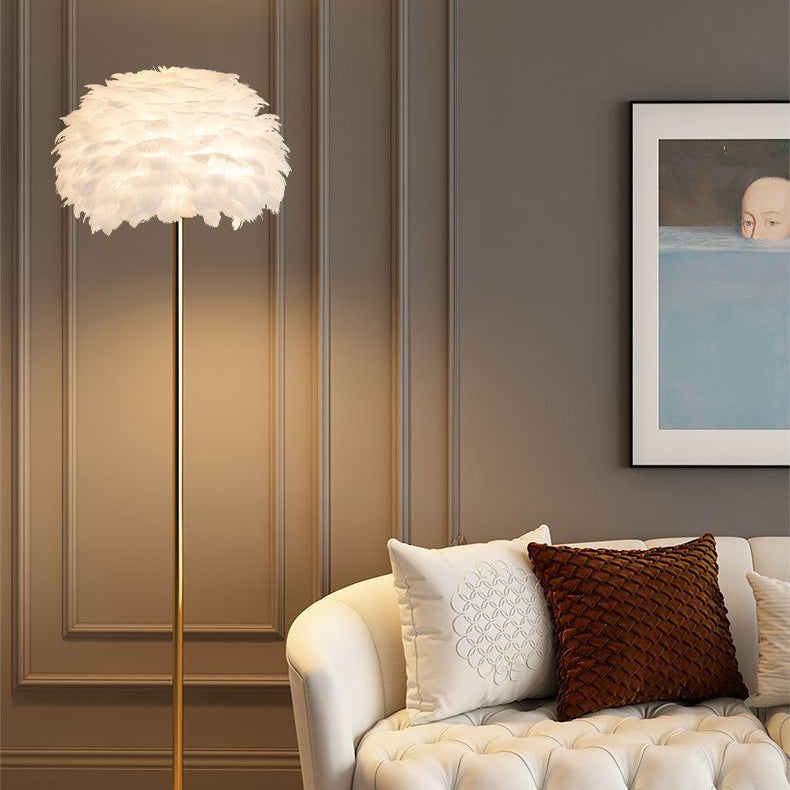 Elegant Feather & Crystal Nordic Floor Lamp for living room ambient lighting.