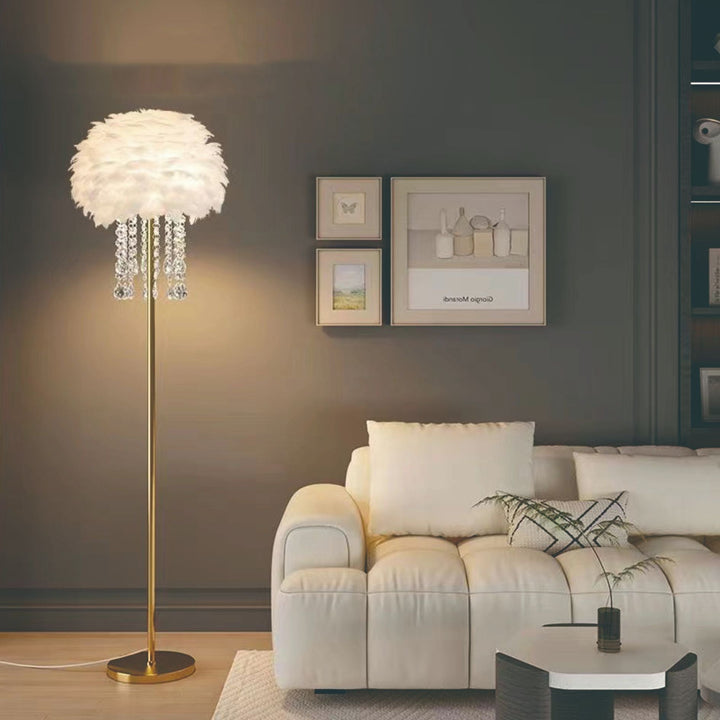 Modern Nordic design Feather & Crystal floor lamp, an elegant home decor centerpiece.