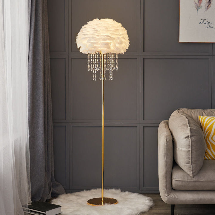 Tall, sleek Feather & Crystal floor lamp, bringing elegant ambient lighting to any living room.