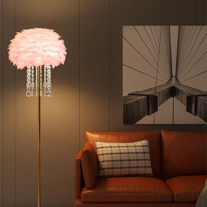 Full view of the Elegant Nordic Feather & Crystal lamp, a stunning addition to contemporary decor.