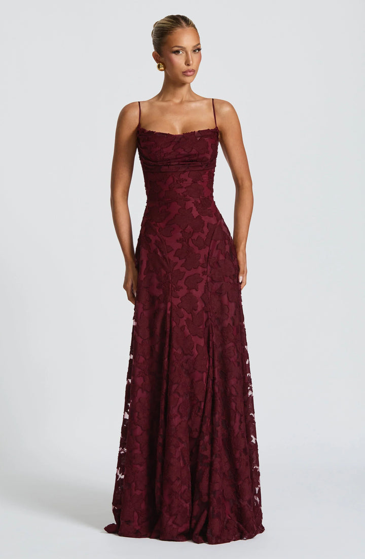 Elegant floral A-line maxi dress for women, perfect for formal occasions, parties & wedding guests.