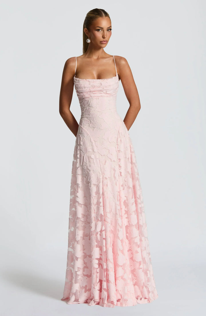 Formal elegant floral strappy A-line maxi dress, stunning design for weddings, proms & evening wear.