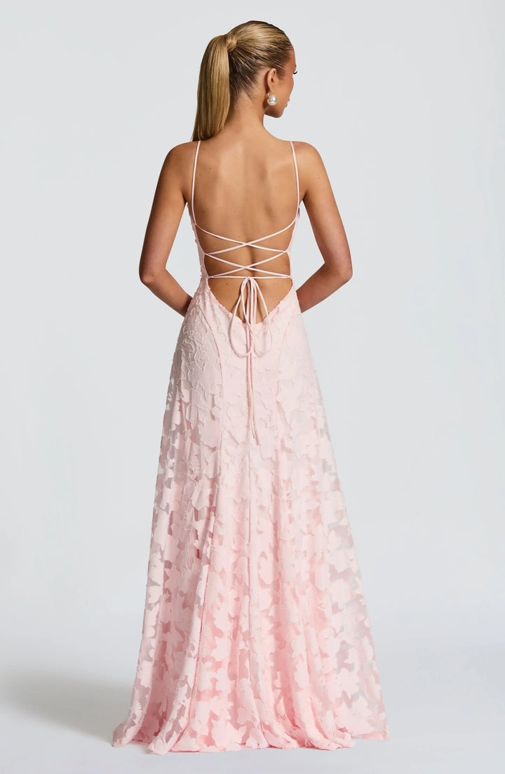 Women's elegant strappy A-line floral maxi dress, a beautiful formal gown for evening wear & parties.