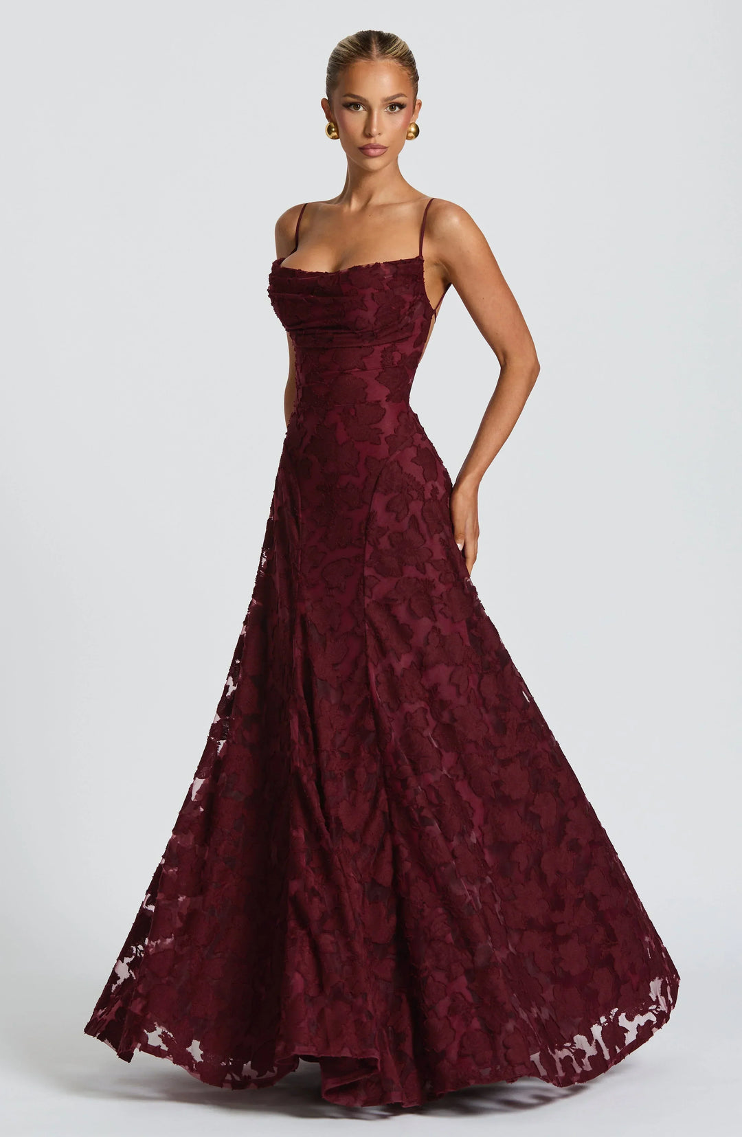 Women's formal floral maxi dress, elegant strappy A-line gown for weddings, galas & special occasions.
