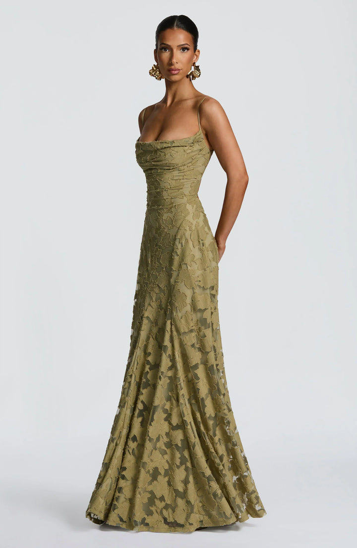 Stunning floral A-line strappy maxi dress, perfect for wedding guests, formal events & celebrations.