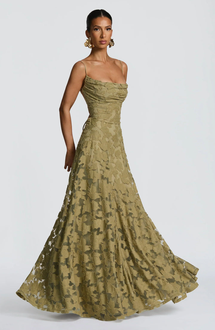 Luxurious women's floral strappy A-line maxi dress, elegant for galas, proms & special occasions.