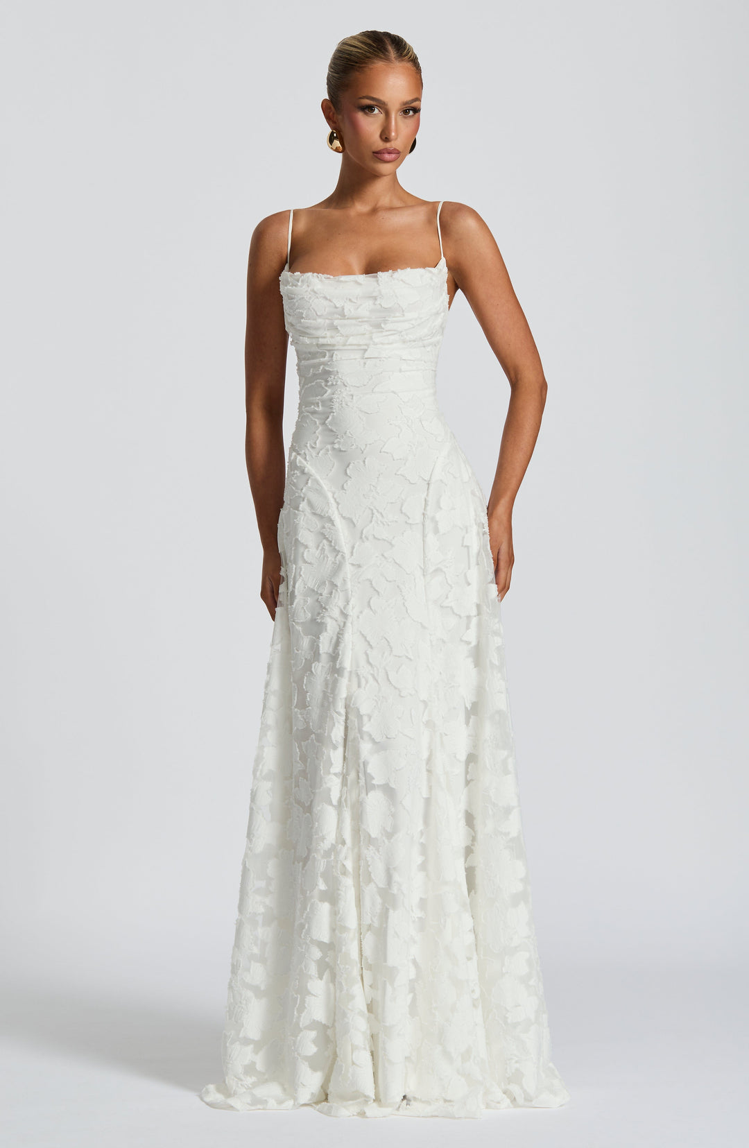 Flowing floral A-line strappy maxi dress, elegant women's formal wear for dancing & sophisticated events.