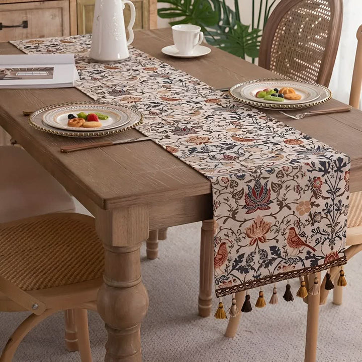 Elegant floral & bird jacquard table runner, perfect for vintage dining decor.