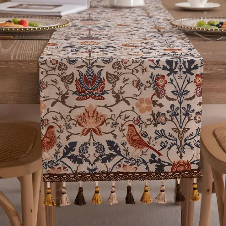 Fringed jacquard table runner with beautiful floral and bird patterns, country style.
