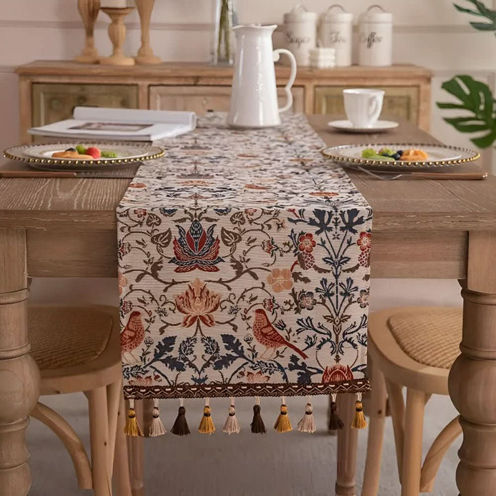 Dining table decor: Jacquard table runner with intricate floral & bird patterns, vintage style.