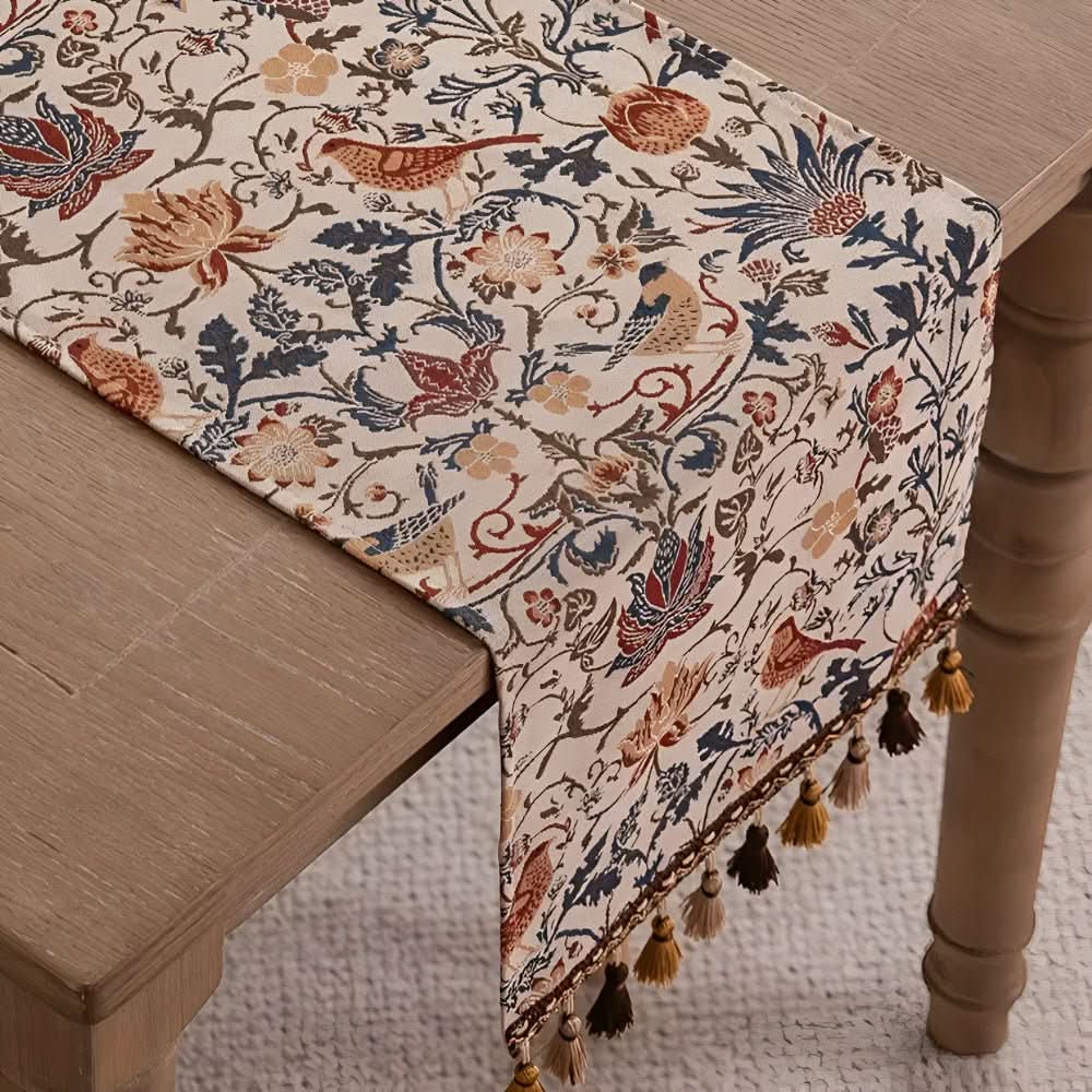 Coffee table decor: Fringed floral & bird jacquard runner, perfect for rustic or country style.
