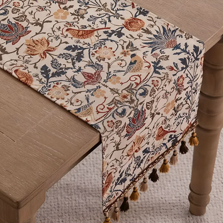 Coffee table decor: Fringed floral & bird jacquard runner, perfect for rustic or country style.