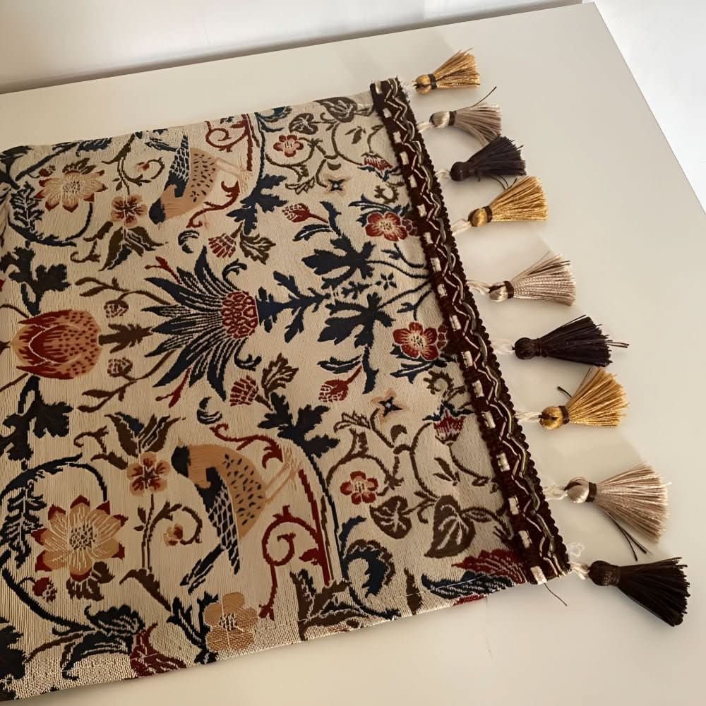 Country style jacquard table runner, delicate floral & bird motif, fringed for a charming look.