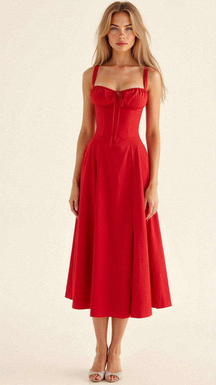Sleeveless floral print corset midi dress with a flattering leg slit, designed for a modern, elegant look.