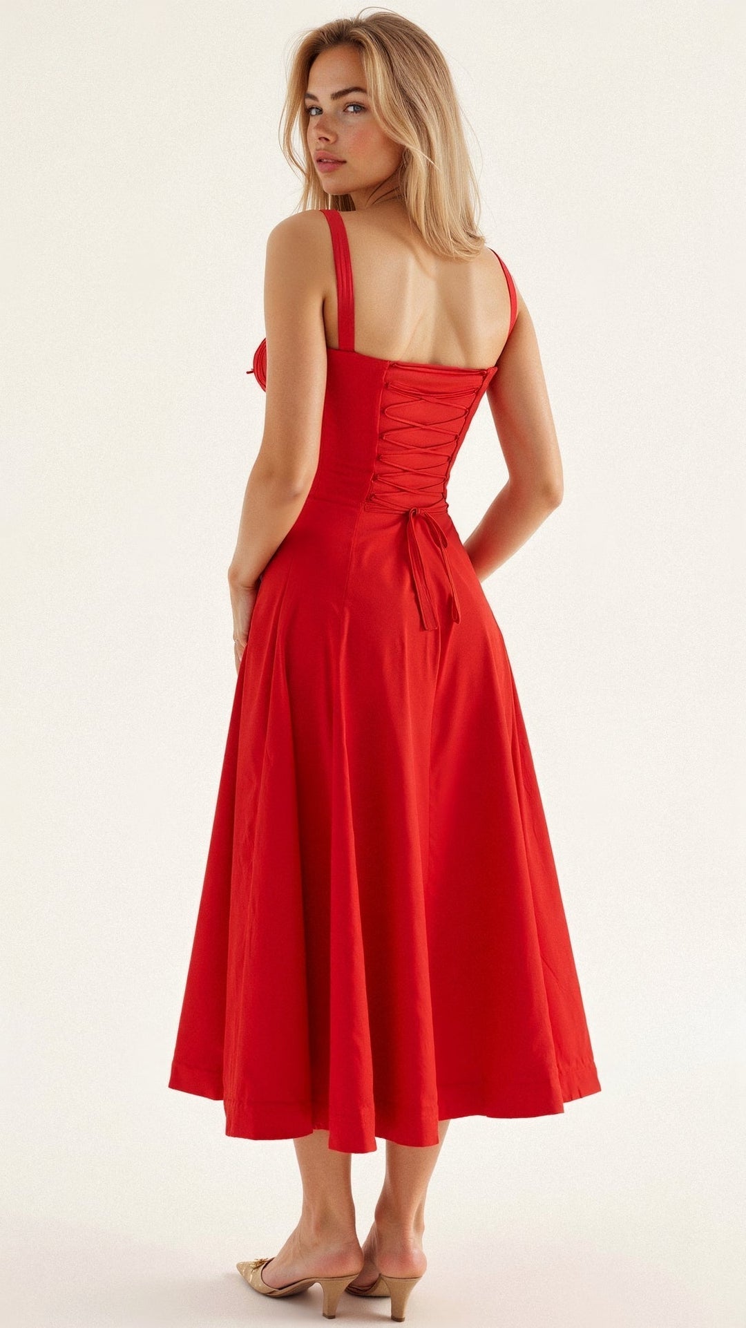 Model gracefully showcasing a women's elegant floral corset midi dress, highlighting the chic slit & pattern.