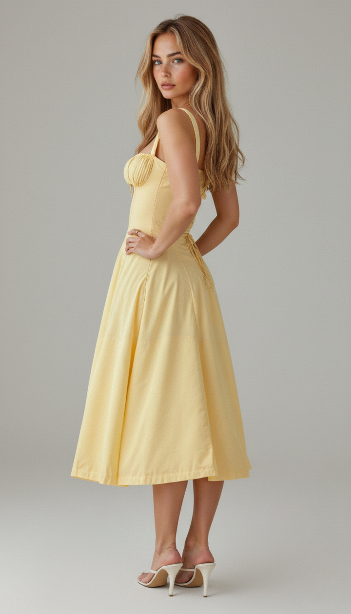 Woman walking confidently in an elegant floral corset midi dress with a graceful slit, perfect for formal parties.