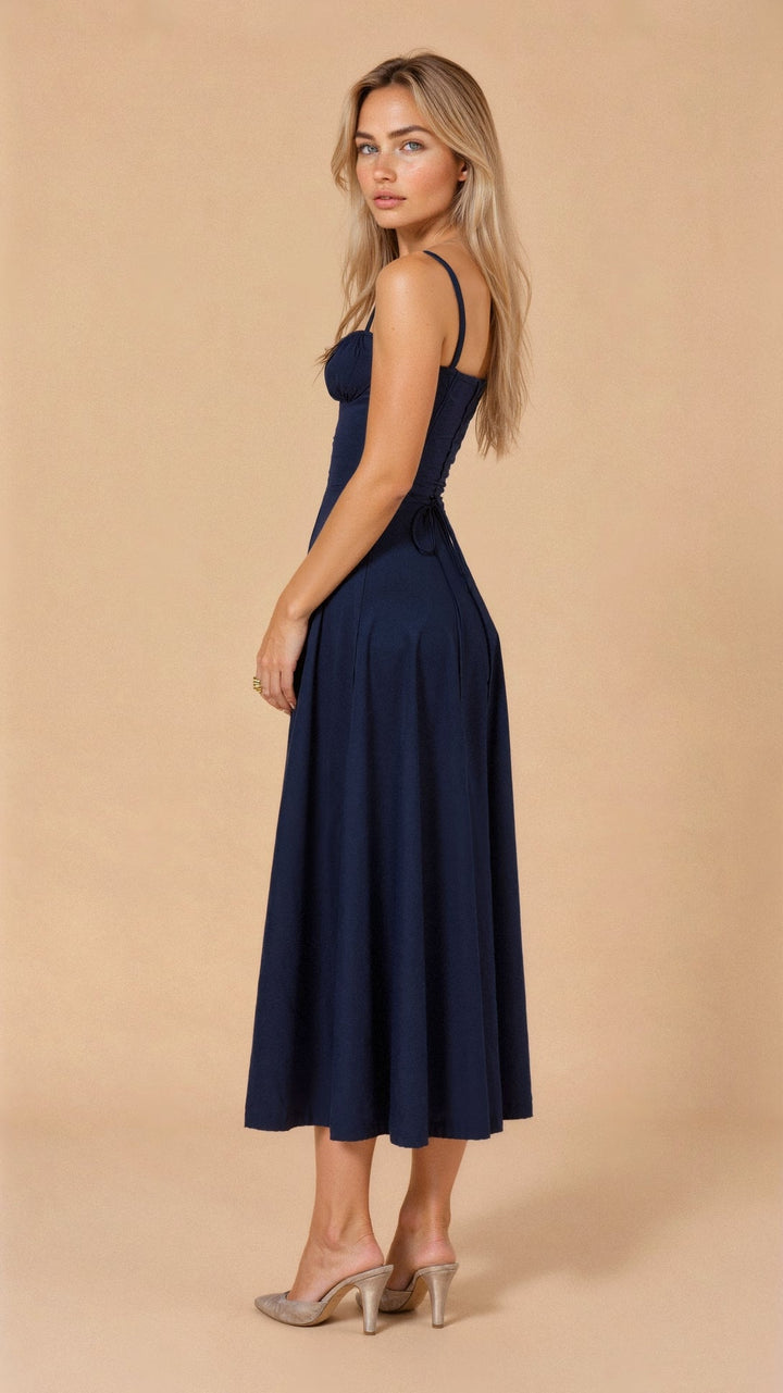 Trendy women's floral corset midi dress with a chic slit, offering an elegant and fashionable statement for any party.
