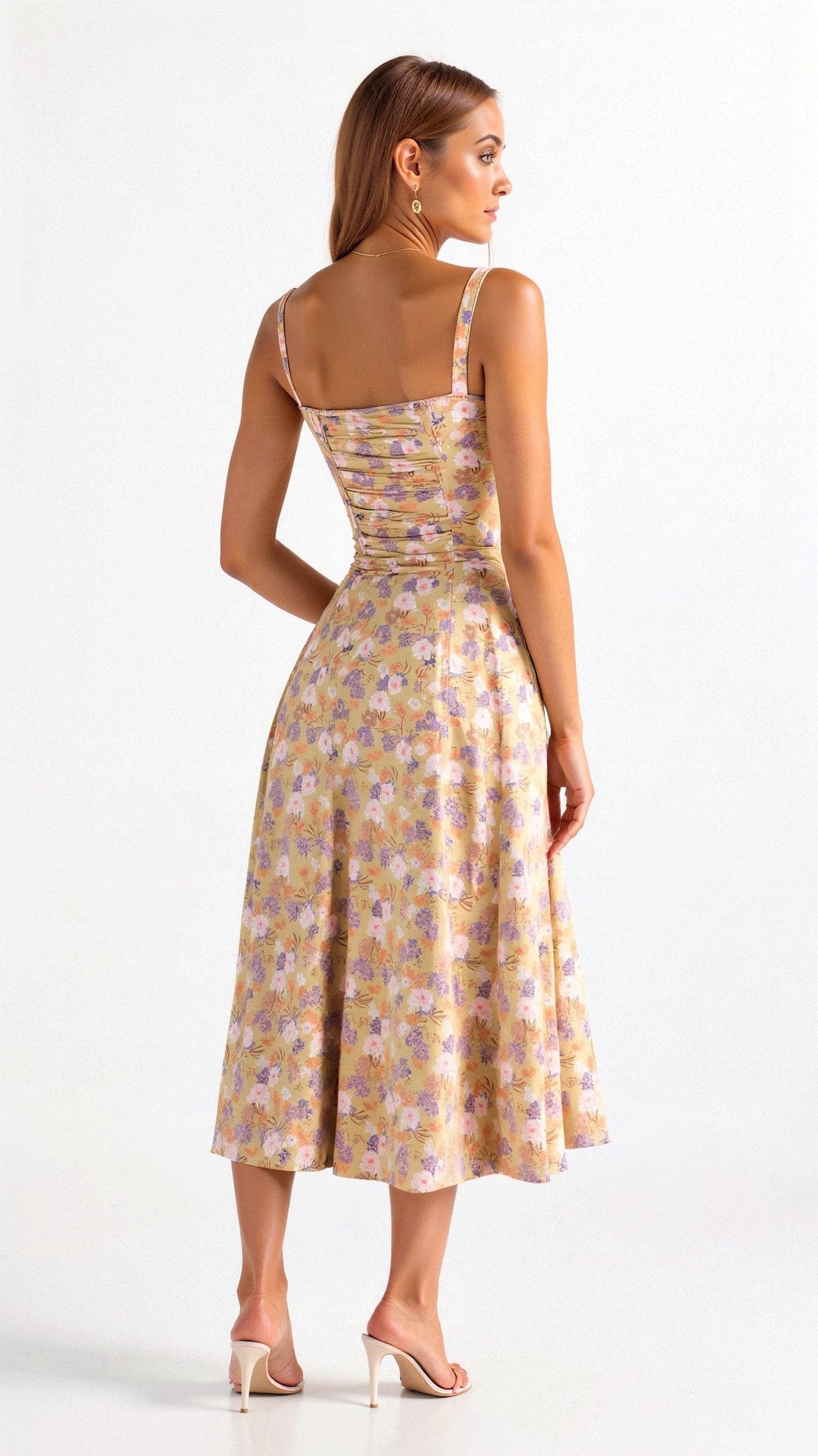 Women's strappy floral print midi dress featuring a stylish corset bodice & high slit, ideal for evening wear.
