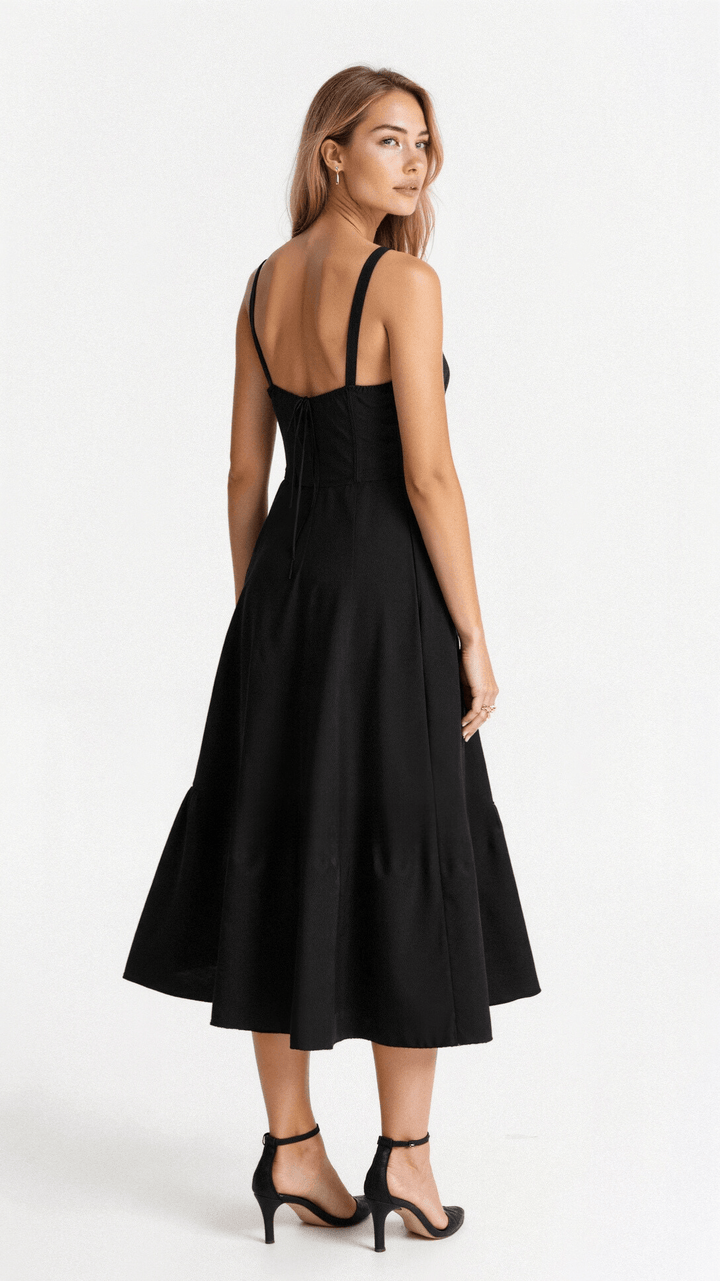 Close-up of the delicate floral pattern & corset detailing on a women's elegant midi dress with a leg slit.