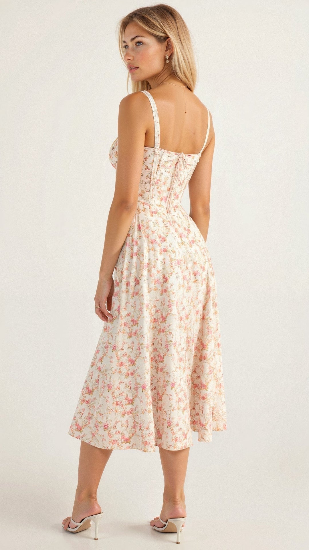 Back view of a women's elegant floral corset midi dress, showcasing its flattering fit and sleek design.