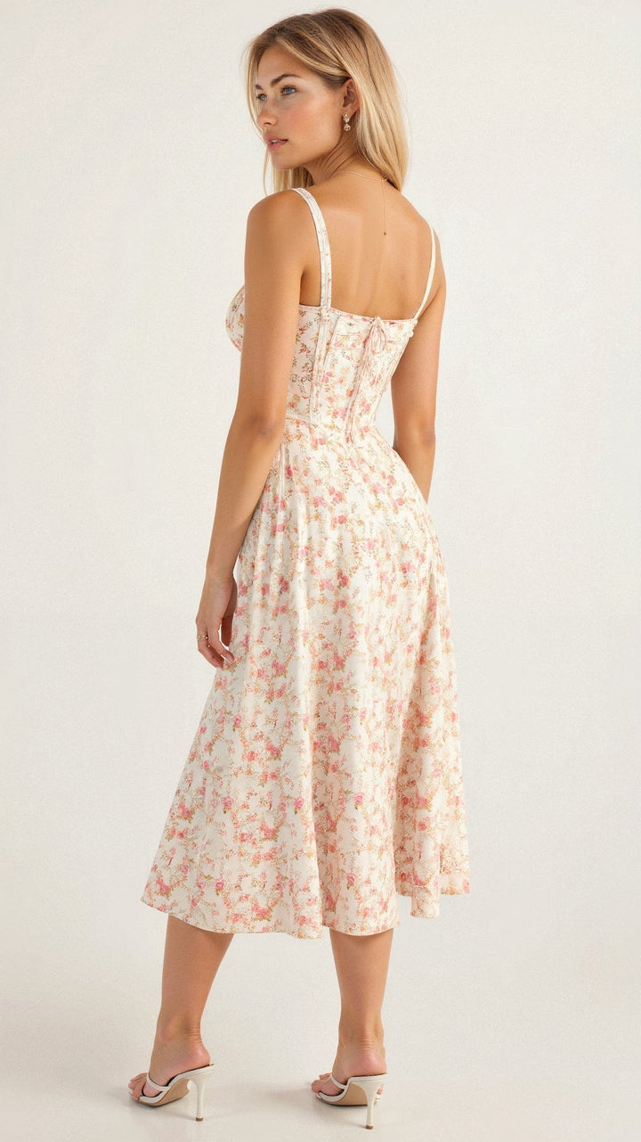 Back view of a women's elegant floral corset midi dress, showcasing its flattering fit and sleek design.