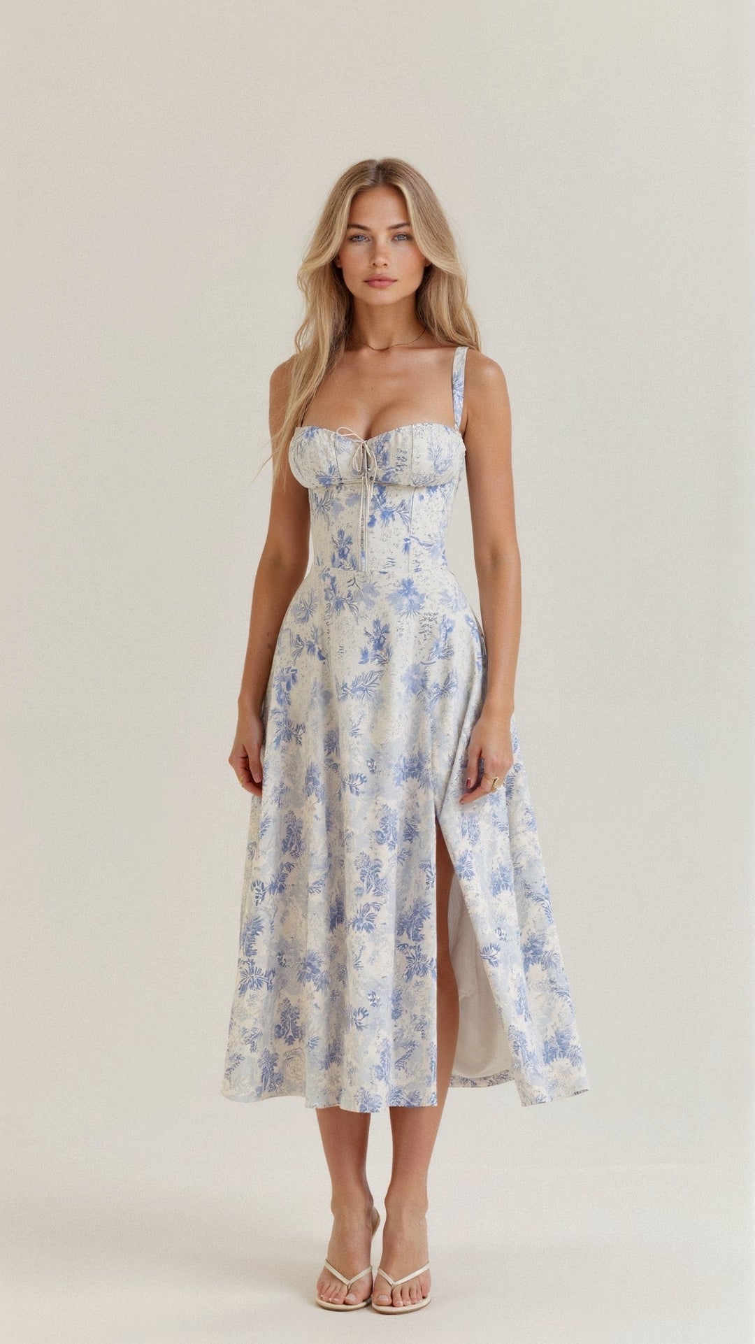 Front shot of a vibrant floral corset midi dress with a stylish leg slit, perfect for upscale evening occasions.