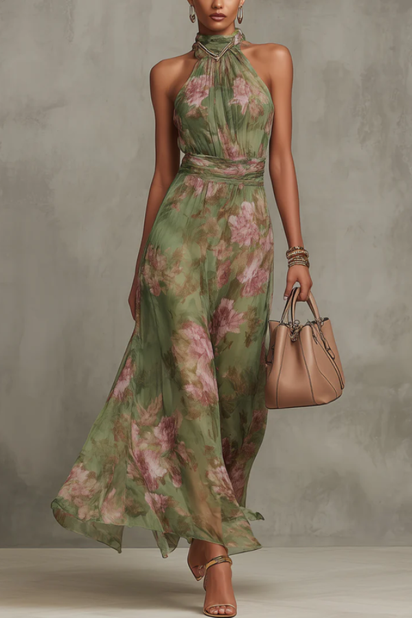 Elegant floral halter maxi dress for women, perfect for summer vacations & beach wear. Flowy feminine style.