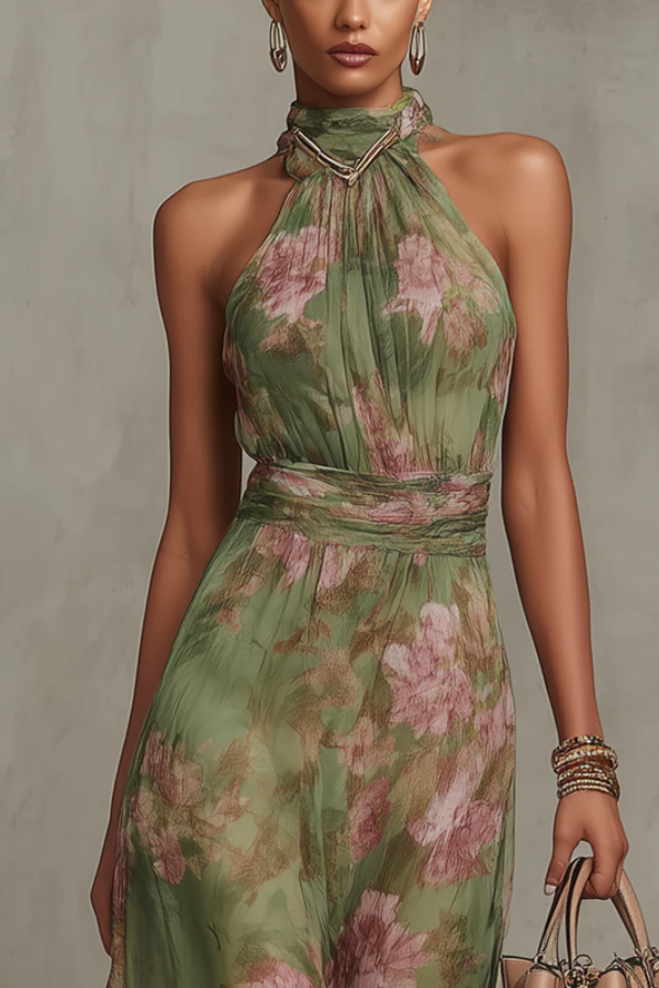Women's vibrant floral print halter maxi dress, ideal for summer parties, vacations & elegant occasions.
