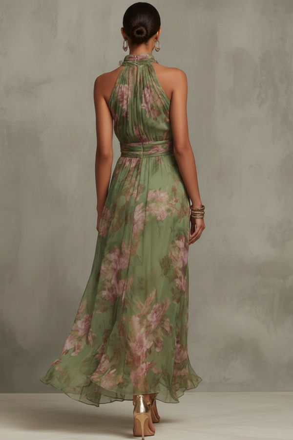 Flowy halter maxi dress with elegant floral pattern for women. Comfortable summer & vacation beach wear.