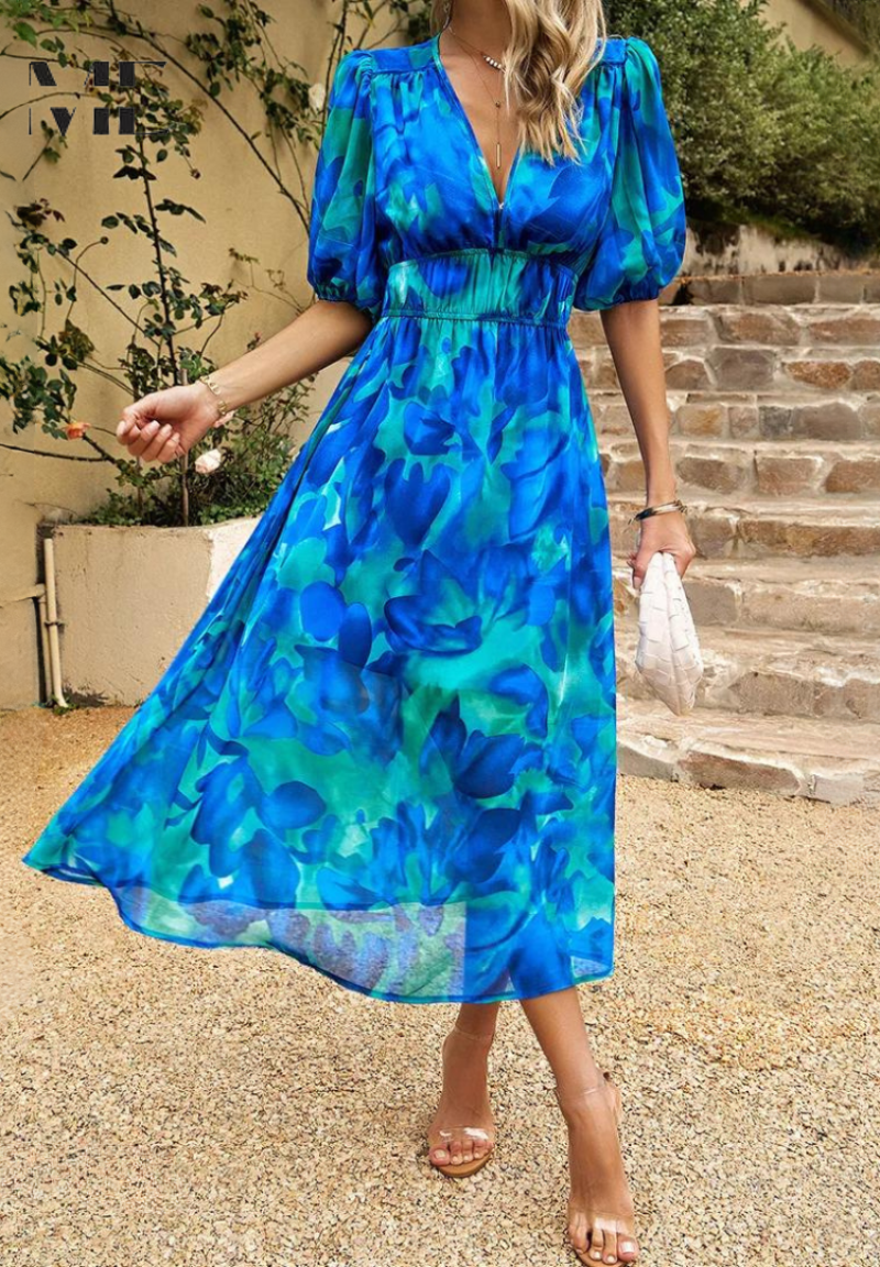 Chic floral print midi dress for women, with charming puff sleeves and a flattering V-neck.