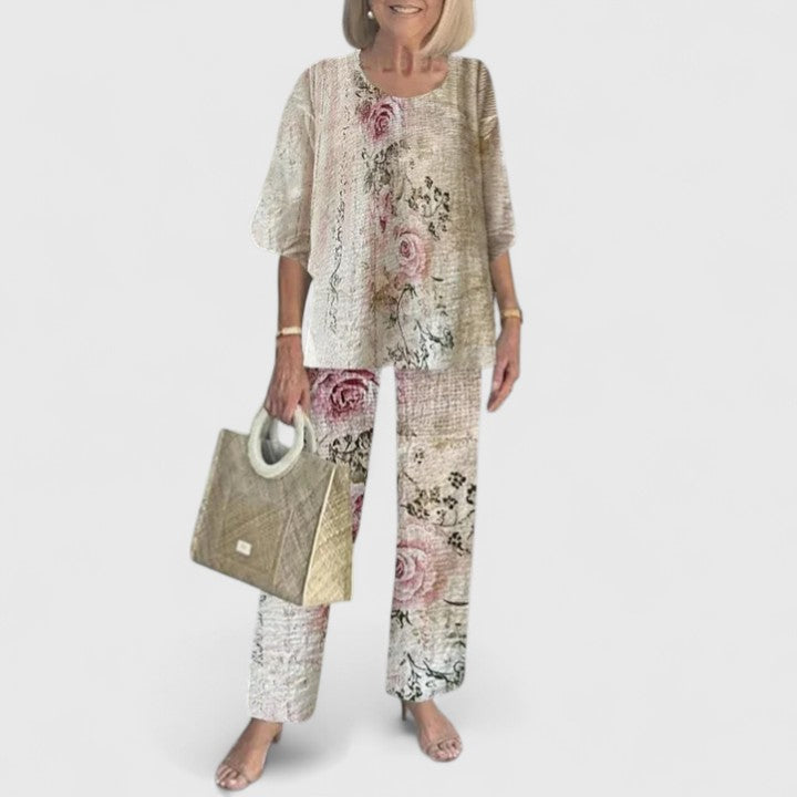 Floral print women's two-piece set, a stylish choice for summer fashion.