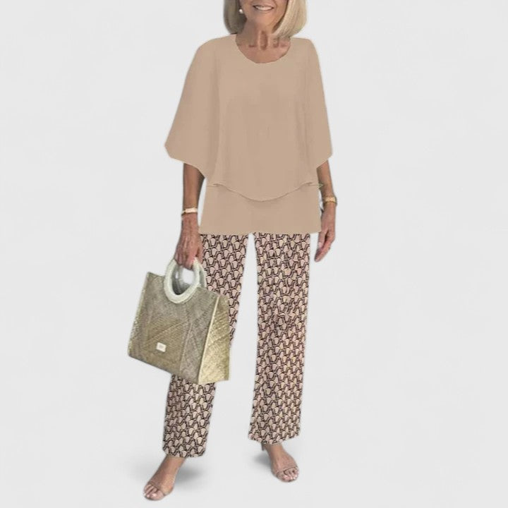 Beautiful floral print two-piece set for women, featuring an elegant layered top.