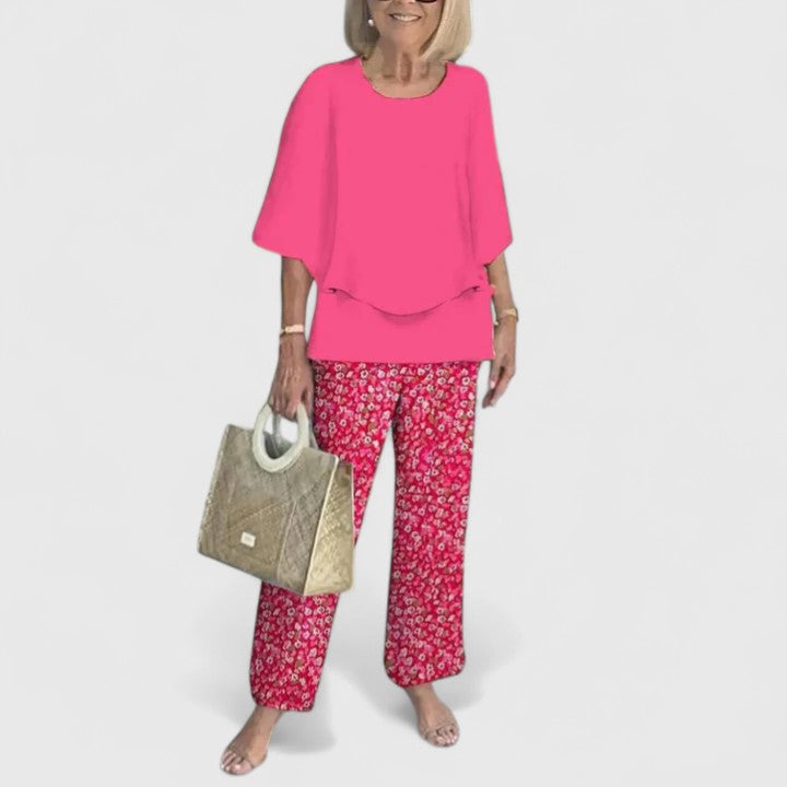Elegant women's floral set: layered chiffon top & comfortable wide-leg pants.