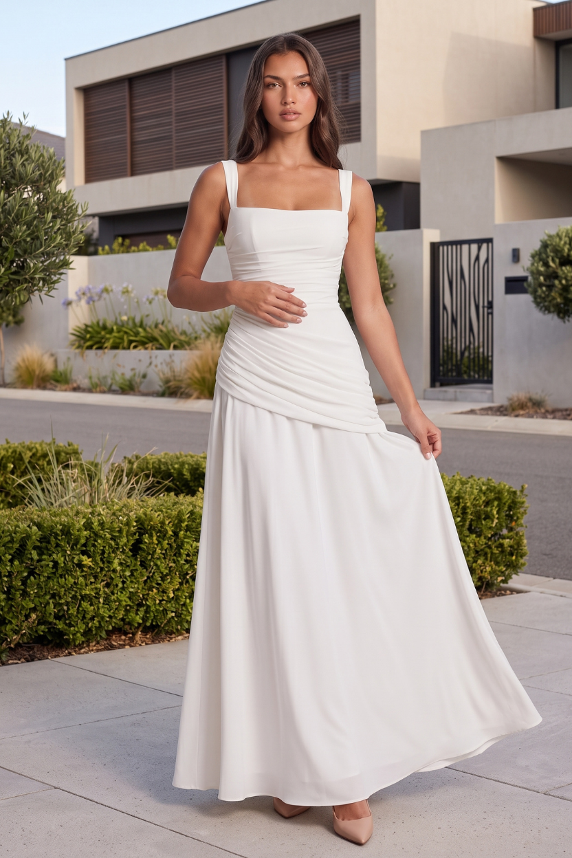 Close-up of the elegant flowing maxi dress fabric, highlighting its quality and flattering drape.