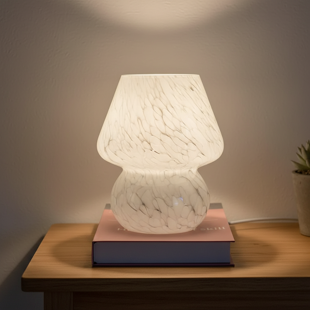 Elegant glass mushroom table lamp, a modern home decor accent light for living rooms.