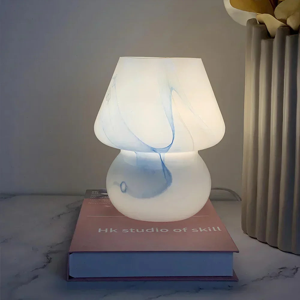 Bedside glass mushroom lamp, a unique and decorative accent light for bedrooms.
